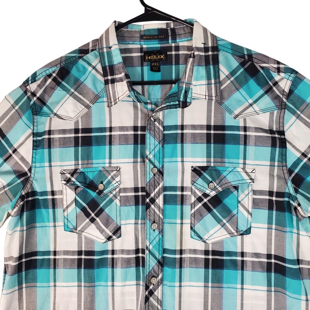 Helix Mens XXL Athletic Fit Plaid Western Short Sleeve Button Down Shirt Teal